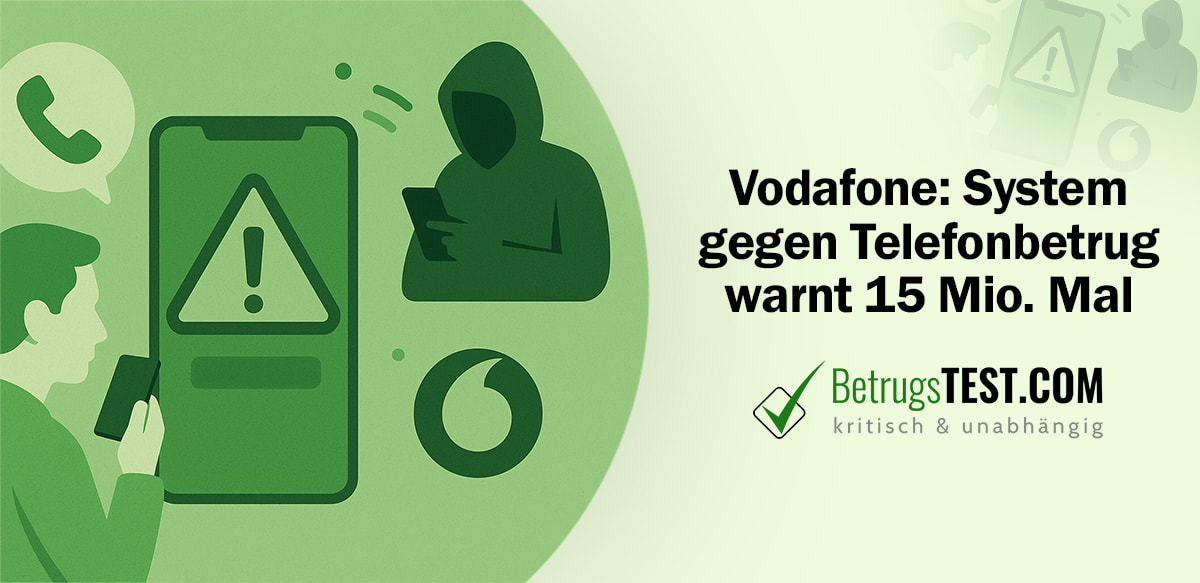 Illustration eines Smartphones mit Warnsymbol, Nutzer mit Handy und dunkler Betrügerfigur im Hintergrund - Erstellt mit AI durch Betrugstest Prompt.