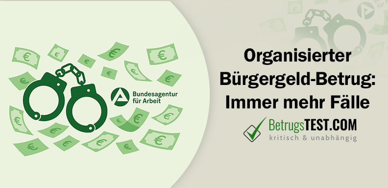 Logo der Bundesagentur für Arbeit und Handschellen inmitten fallender Geldscheine - Erstellt mit AI durch Betrugstest Prompt. 