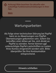 Ein Screenshot der Sparkassen App mit einem Pop-up Fenster, das über Wartungsarbeiten informiert.