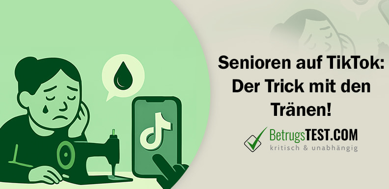 Minimalistische Illustration einer traurigen Frau, die an einer Nähmaschine sitzt und eine Träne im Gesicht hat. Daneben ein Smartphone, auf dem das TikTok Logo abgebildet ist. - Erstellt mit AI durch Betrugstest Prompt.