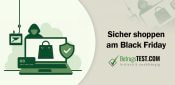 Minimalistische grüne Illustration zum sicheren Online-Shopping – zeigt einen Laptop mit Einkaufstasche, Schild und Phishing-Haken als Symbol für Betrugsschutz. - Erstellt mit AI durch Betrugstest Prompt.