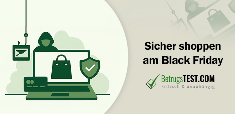 Minimalistische grüne Illustration zum sicheren Online-Shopping – zeigt einen Laptop mit Einkaufstasche, Schild und Phishing-Haken als Symbol für Betrugsschutz. - Erstellt mit AI durch Betrugstest Prompt.