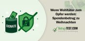 Spendenbecher, in den ein Geldschein gesteckt wird. Neben dem Becher ein Schild mit einem durchgestrichenen Vorhängeschloss. - Erstellt mit AI durch Betrugstest Prompt.