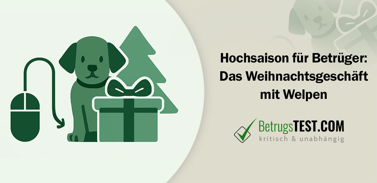 Minimalistische Illustration eines traurigen Welpen in einer Geschenkbox neben einem Weihnachtsbaum. Ein Computermausklicksymbol deutet auf die Gefahren des Online-Kaufs von Haustieren hin. - Erstellt mit AI durch Betrugstest Prompt.