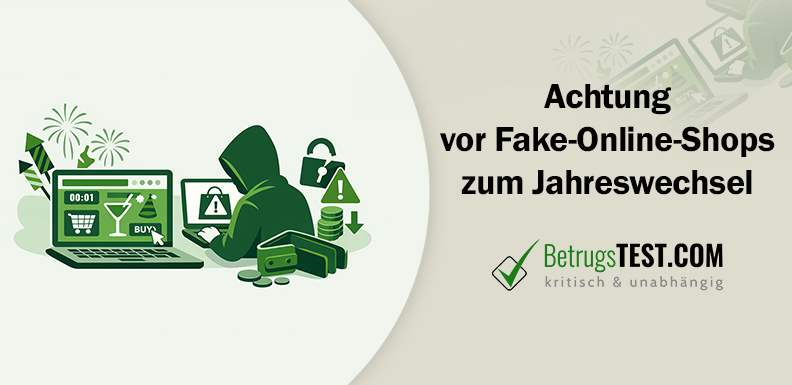 Mensch vor einem Laptop mit Online Shop auf dem Bildschirm und Feuerwerk sowie Achtung-Icons - Erstellt mit AI durch Betrugstest Prompt.