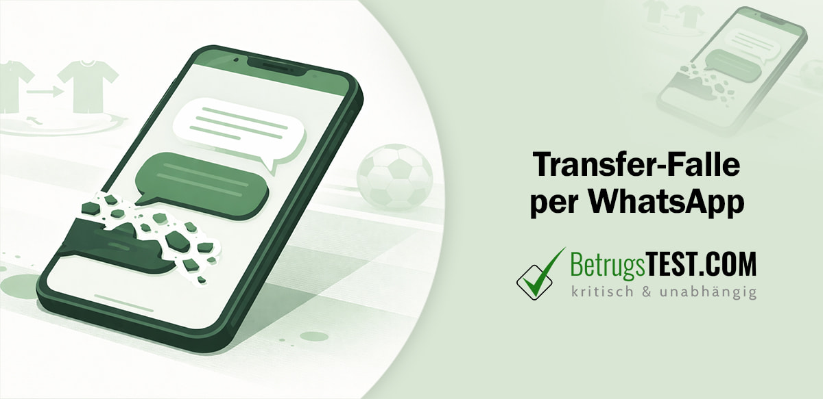 Minimalistische Illustration eines Smartphones mit Chatblasen, von denen eine zerbricht. Im Hintergrund sind abstrakte Fußballtrikots mit Pfeilen angedeutet, die einen Transfer symbolisieren. Das Motiv steht für Betrug über Messenger-Dienste im deutschen Fußball. - Erstellt mit AI durch Betrugstest Prompt.
