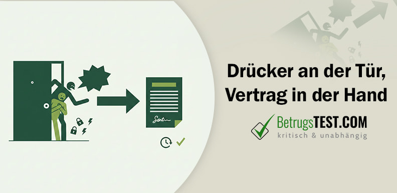 Eine Illustration zeigt eine verängstigte Person, die sich an eine Tür klammert, während ein Hausierer aggressiv auf sie einredet. Ein Pfeil führt zu einem unterschriebenen Vertragsdokument, daneben Symbole für Schlösser und Blitze als Zeichen für Bedrohung und Druck. - Erstellt mit AI durch Betrugstest Prompt.