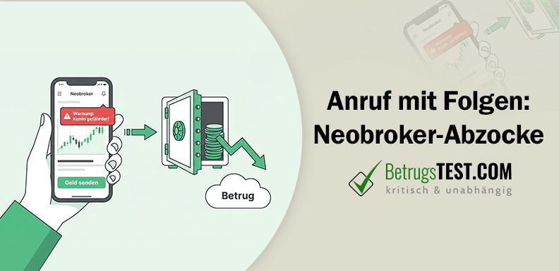 Eine illustrierte Hand hält ein Smartphone, das eine Neobroker-Oberfläche mit Aktienkursen und einem Warnsymbol anzeigt. Ein Pfeil führt vom Handy zu einem geöffneten Tresor, bei dem ein abwärts gerichteter Pfeil den Geldverlust symbolisiert. Das Bild ist in Grün-, Weiß- und Grautönen gehalten. - Erstellt mit AI durch Betrugstest Prompt.