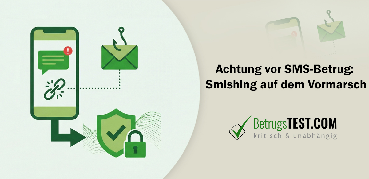 Konzeptionelle Illustration zur Smishing-Gefahr: Ein grünes Smartphone mit Warnmeldung und Link, der zu einer Phishing-Mail mit Angelhaken führt, sowie Sicherheitsfeatures zum Schutz persönlicher Daten - Erstellt mit AI durch Betrugstest Prompt.