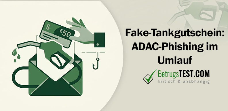 Illustration eines geöffneten Briefumschlags mit einer Zapfpistole, aus der Kraftstofftropfen fallen. Eine Hand hält einen Gutschein mit der Aufschrift „€50". Rechts im Bild ein Angelhaken an einer gestrichelten Linie. Alle Elemente in Grüntönen auf hellem Hintergrund. - Erstellt mit AI durch Betrugstest Prompt. 