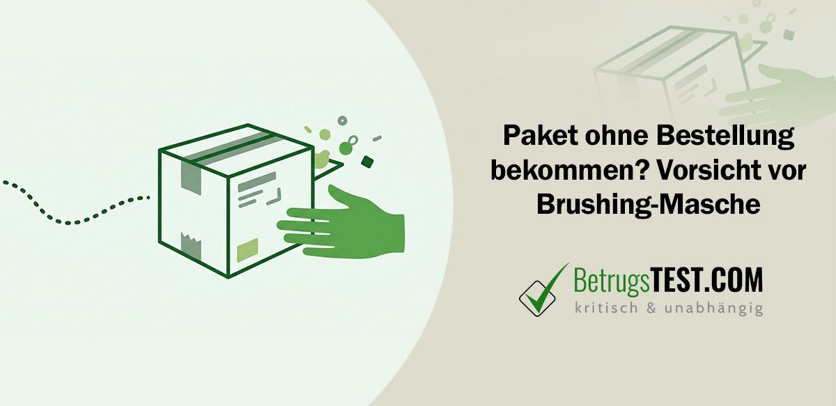 Eine minimalistische Illustration im Flat-Design zeigt ein grünes Paket auf hellgrünem Hintergrund, nach dem eine grüne Hand greift. Eine gepunktete Linie führt zum Paket und deutet auf eine Zustellung hin.- Erstellt mit AI durch Betrugstest Prompt.