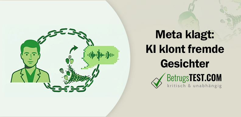 Illustration zeigt eine Person, deren Gesicht und Stimme per KI kopiert und als Deepfake weiterverwendet werden, symbolisiert durch eine Kette und digitale Audiowellen. - Erstellt mit AI durch Betrugstest Prompt.