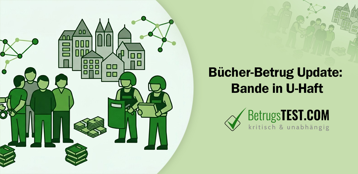 Illustration mehrerer Polizisten in Schutzausrüstung mit Helmen und Schildern, die Personen festnehmen und Beweismittel sichern. Im Hintergrund Gebäude und Netzwerkdiagramme, im Vordergrund Stapel aus Geldscheinen und Büchern.  - Erstellt mit AI durch Betrugstest Prompt.