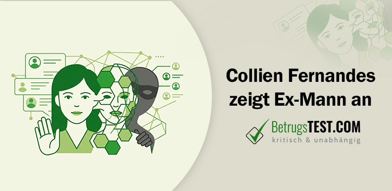 Illustration einer Frau, die abwehrend die Hand hebt, während hinter ihr zwei weitere Gesichter sichtbar sind, eines mit digitalen Mustern überlagert, eines grau und maskiert. Im Hintergrund vernetzte Nutzerprofile. - Erstellt mit AI durch Betrugstest Prompt.