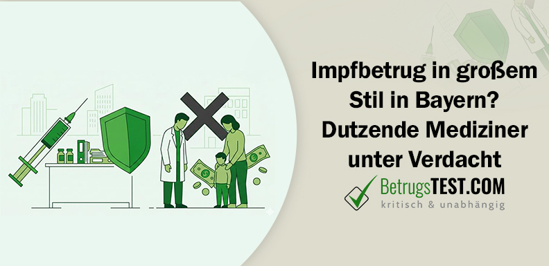 Illustration in Grün: Spritze, Arztpraxis mit Medikamenten und Schutzschild; daneben Arzt, Mutter und Kind mit Geldscheinen, darüber ein großes Kreuz als Symbol für Betrug oder Ablehnung. - Erstellt mit AI durch Betrugstest Prompt.
