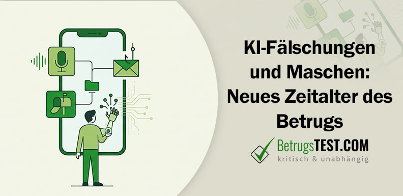 Eine minimalistische Illustration in Grüntönen zeigt einen Anwender vor einem Smartphone, das durch Symbole für Mikrofone, Briefkästen und E-Mails die Vernetzung verschiedener digitaler Betrugswege durch künstliche Intelligenz darstellt - Erstellt mit AI durch Betrugstest Prompt. 