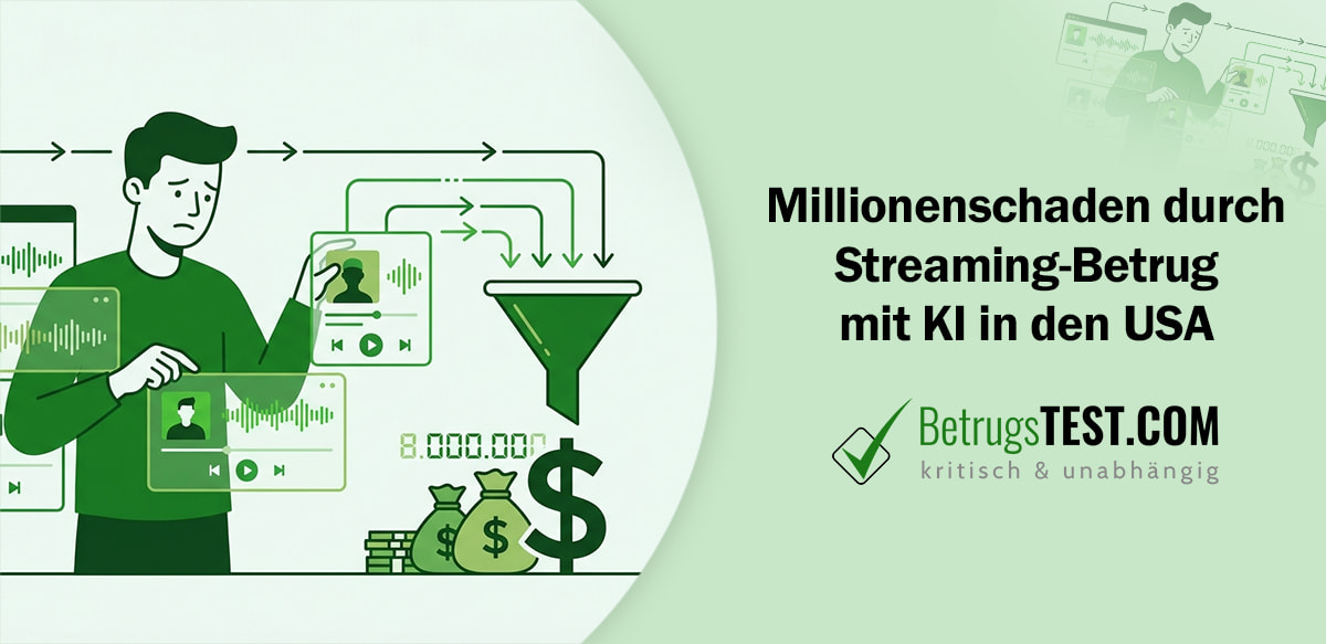 Ein Mann betrachtet digitale Audioprofile, während Musikströme in einen Trichter fließen und in Geldsäcke umgewandelt werden - Erstellt mit AI durch Betrugstest Prompt. 