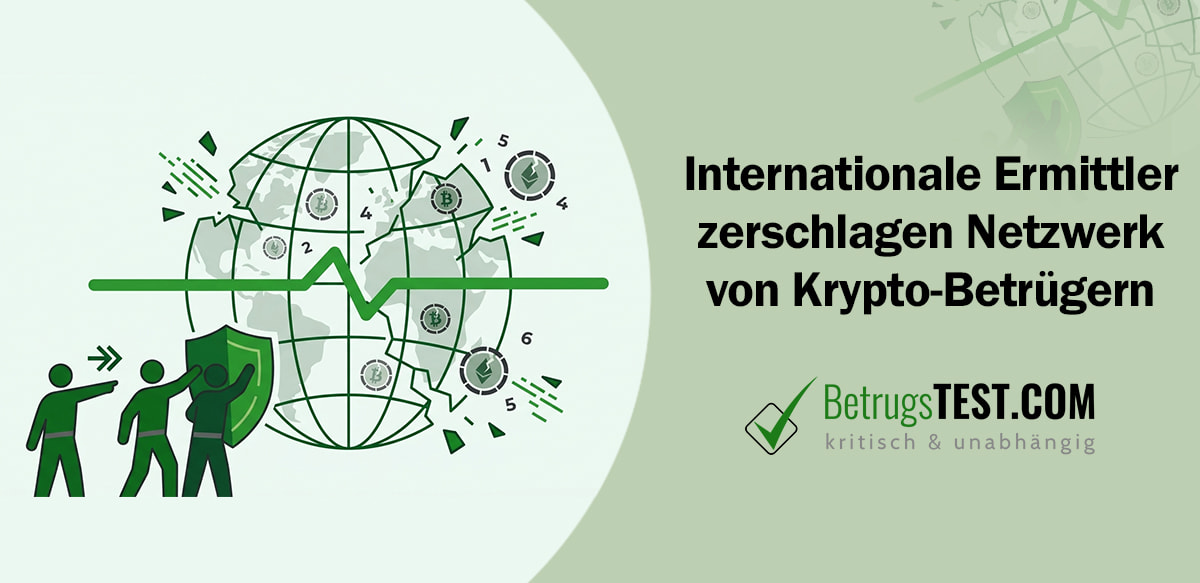 Ein stilisierter, zerbrochener Globus neben dem Krypto-Symbole wie Bitcoin und Ethereum umherfliegen. Im Vordergrund stehen drei schematische Figuren mit einem Schutzschild - Erstellt mit AI durch Betrugstest Prompt.