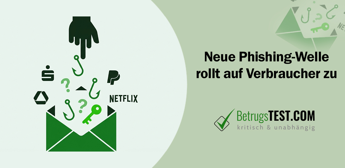 Eine minimalistische Illustration zum Thema Phishing: Aus einem grünen Briefumschlag steigen Angelhaken, Fragezeichen und ein Schlüssel auf, nach denen eine dunkle Hand greift. - Erstellt mit AI durch Betrugstest Prompt.