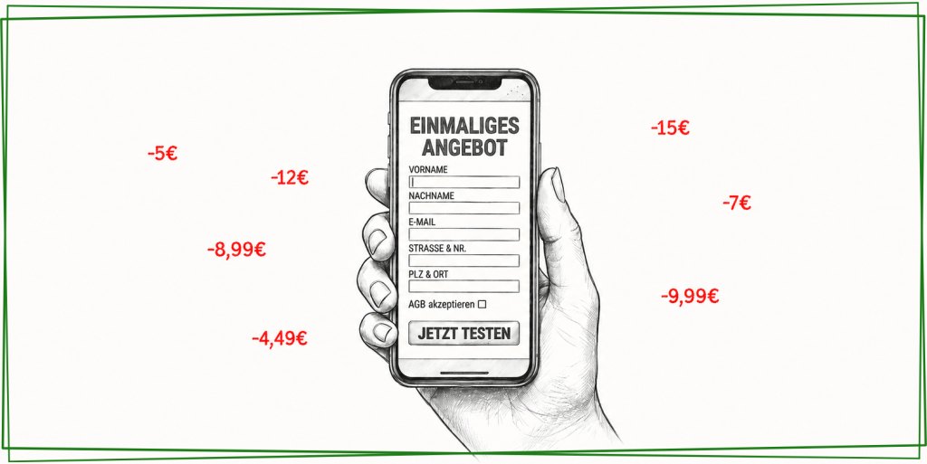 Illustration zeigt eine Hand, die ein Handy hält. Darstellung einer Abofalle.