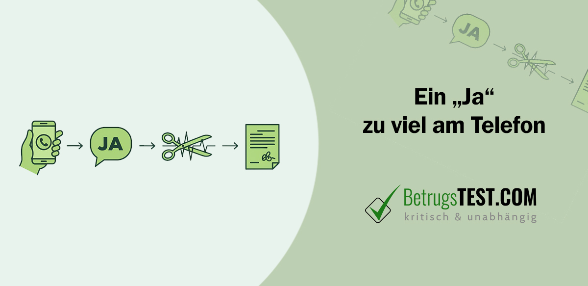 Illustration zeigt vier Symbole mit Pfeilen: Hand hält Smartphone, Sprechblase mit „JA", Schere schneidet Tonspur, Vertragsdokument mit Unterschrift. - Erstellt mit AI durch Betrugstest Prompt.