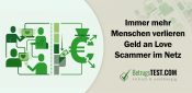 Minimalistische grüne Infografik zu Romance Scamming: Stilisierte Profile mit Herz-Symbolen führen zu einem zerbrochenen Euro-Zeichen, das den finanziellen Betrug im Netz verdeutlicht. - Erstellt mit AI durch Betrugstest Prompt.