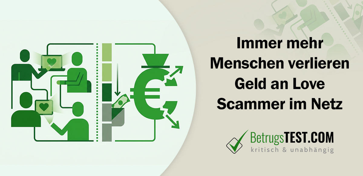 Minimalistische grüne Infografik zu Romance Scamming: Stilisierte Profile mit Herz-Symbolen führen zu einem zerbrochenen Euro-Zeichen, das den finanziellen Betrug im Netz verdeutlicht. - Erstellt mit AI durch Betrugstest Prompt.