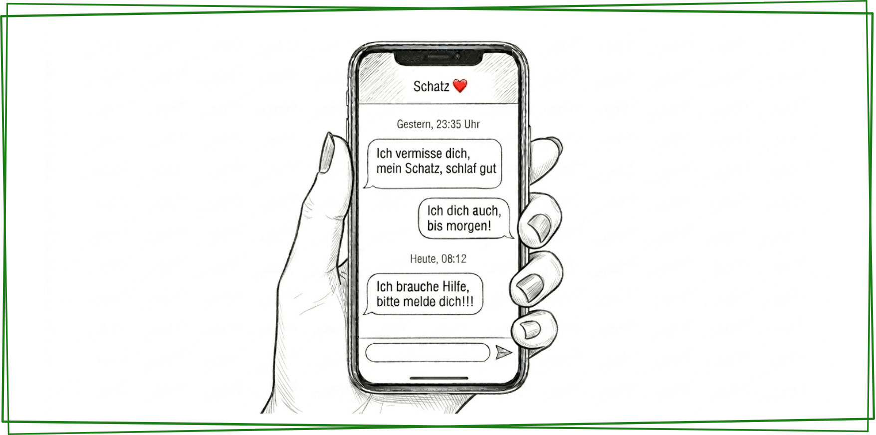 Illustration einer Hand, die ein Smartphone mit Liebes-Chat zeigt, während im Hintergrund eine maskierte Silhouette sichtbar wird. Symbolbild für Love Scamming.