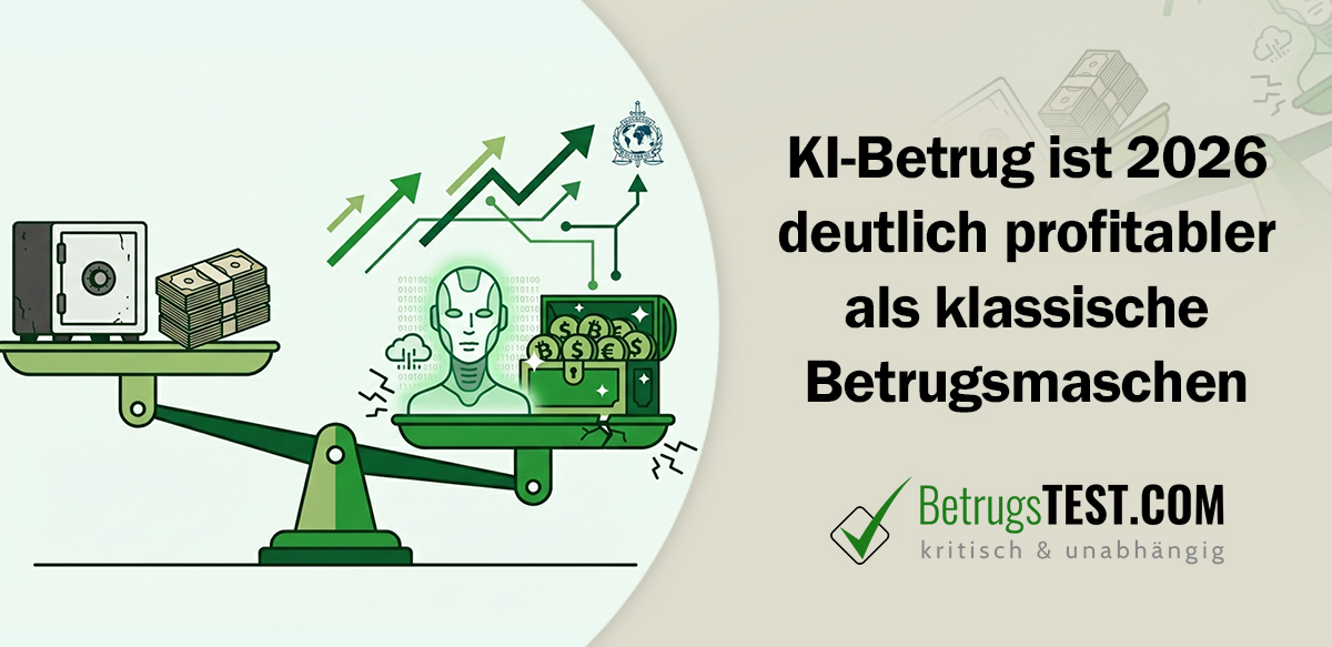 Illustration zeigt eine ungleiche Waage. Auf der linken Seite befinden sich ein Safe und ein Geldstapel, auf der rechten Seite eine Roboterbüste, eine Schatzkiste mit Kryptosymbolen und das Interpol-Logo. Die Waage neigt sich deutlich zur rechten Seite. - Erstellt mit AI durch Betrugstest Prompt. 