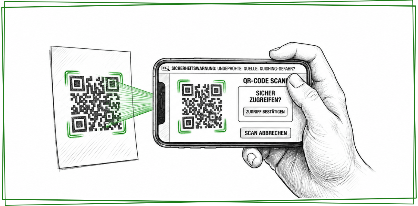 Illustration einer Hand, die ein Smartphone über einen manipulierten QR-Code hält. Symbolbild für Quishing.